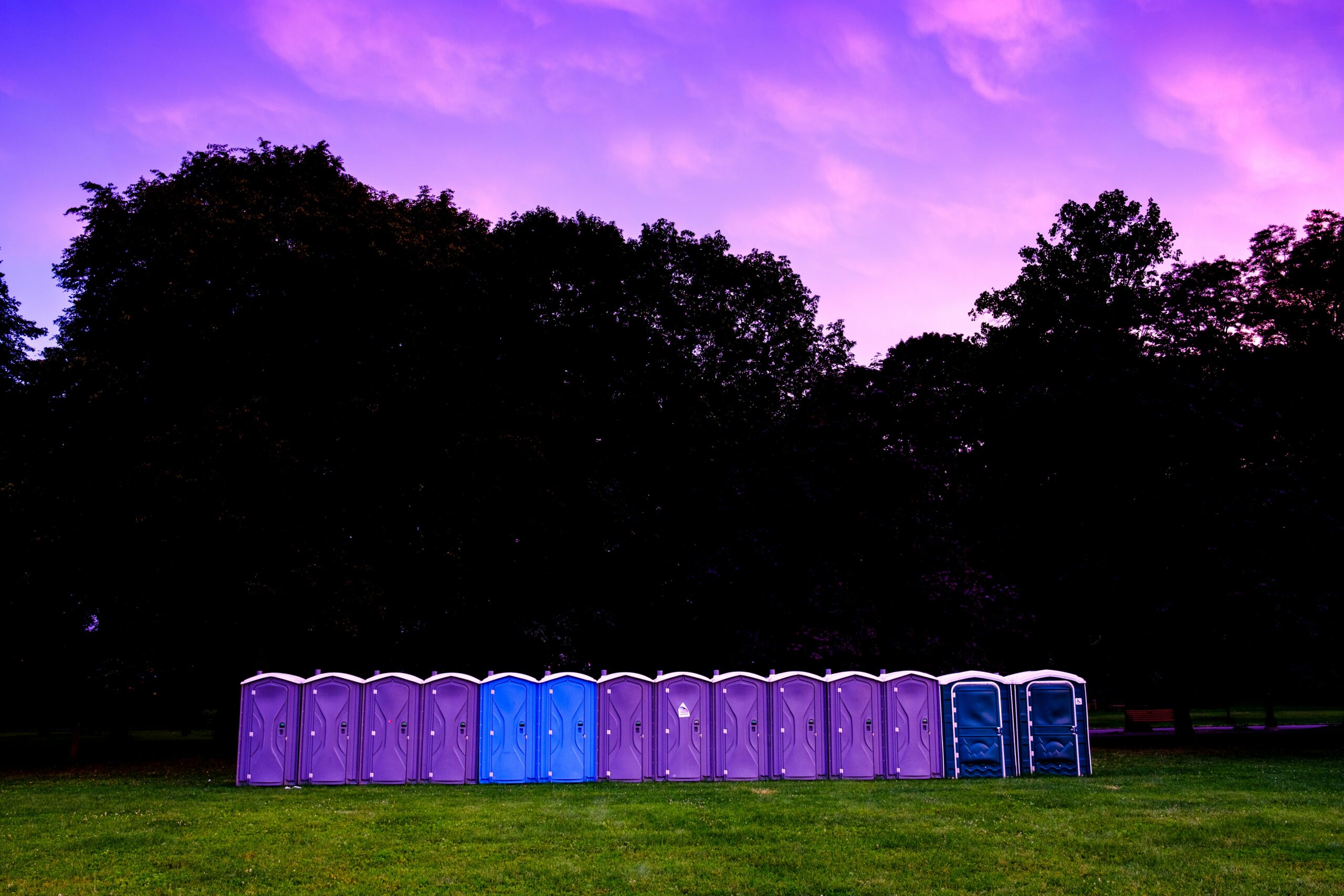 Row of portable toilets in a park